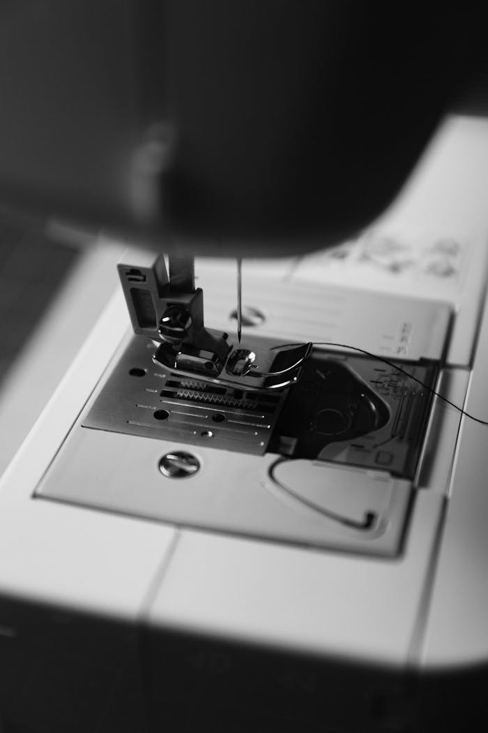 Detailed black and white image of a sewing machines needle area.